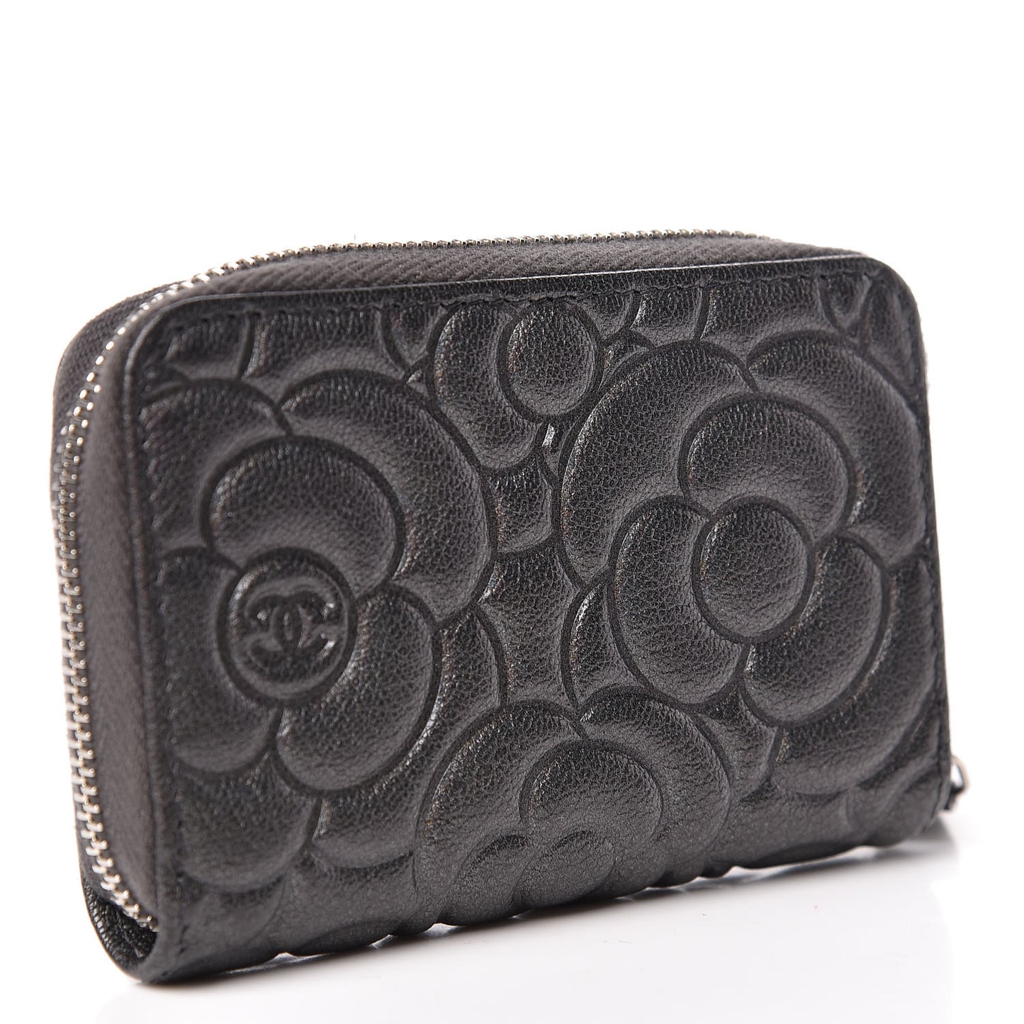 Goatskin Camellia Embossed Zip Coin Purse Anthracite