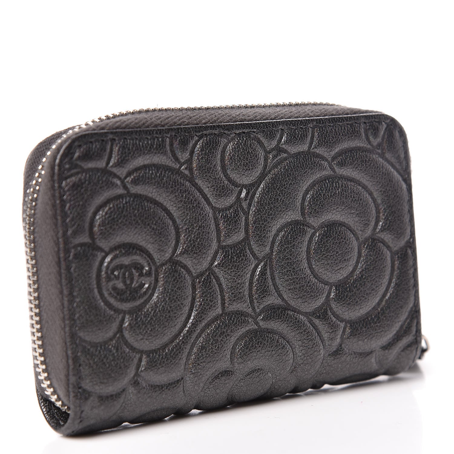 Chanel Goatskin Camellia Embossed Zip Coin Purse Anthracite 3 of 8