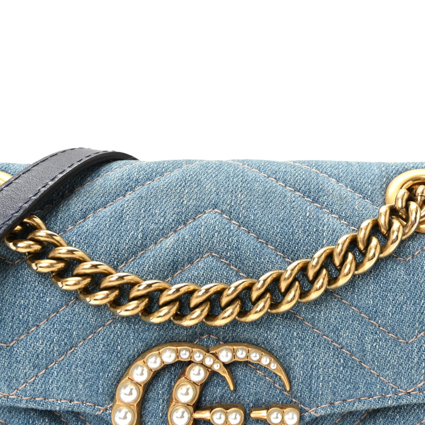 Denim Matelasse Mini Pearly GG Marmont Shoulder Bag Blue