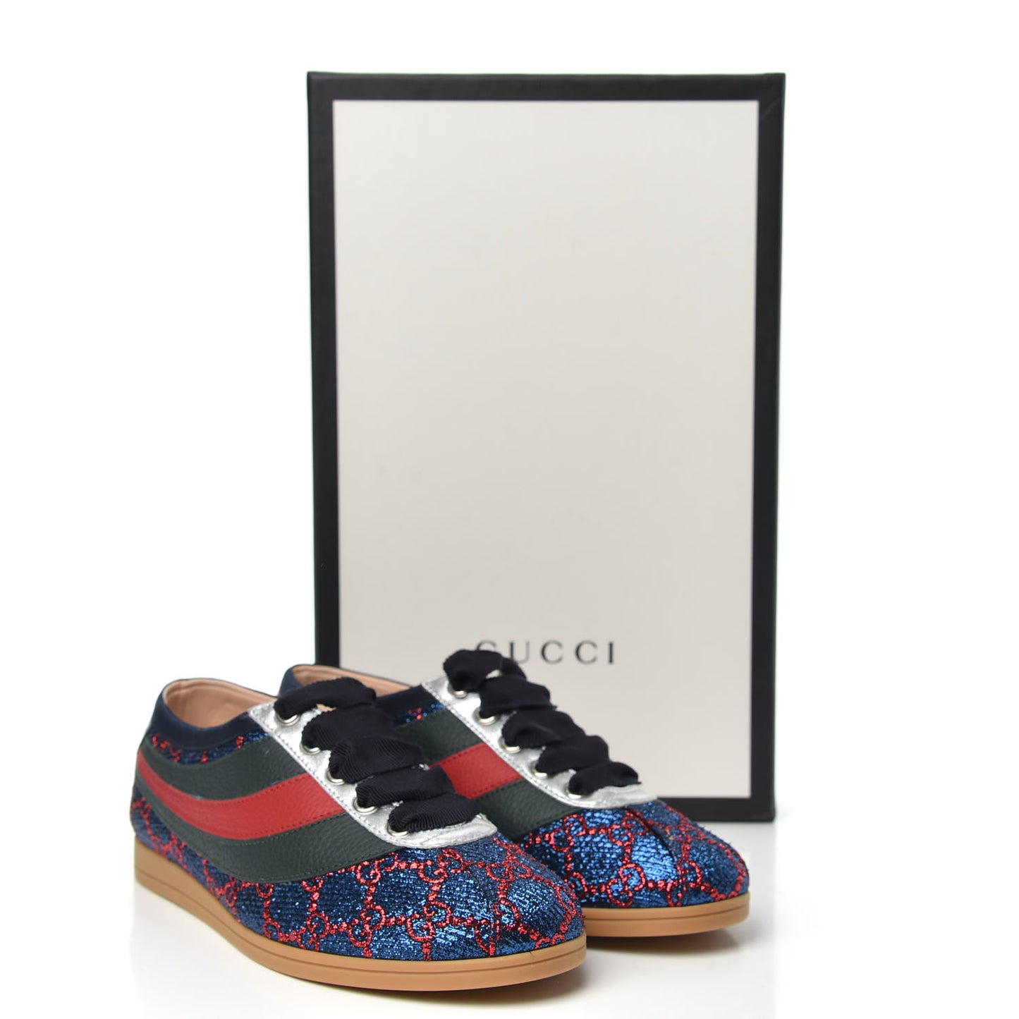 Lurex Calfskin Web GG Monogram Womens Falacer Sneakers 35.5 Iridescent Blue Iridescent Red Silver