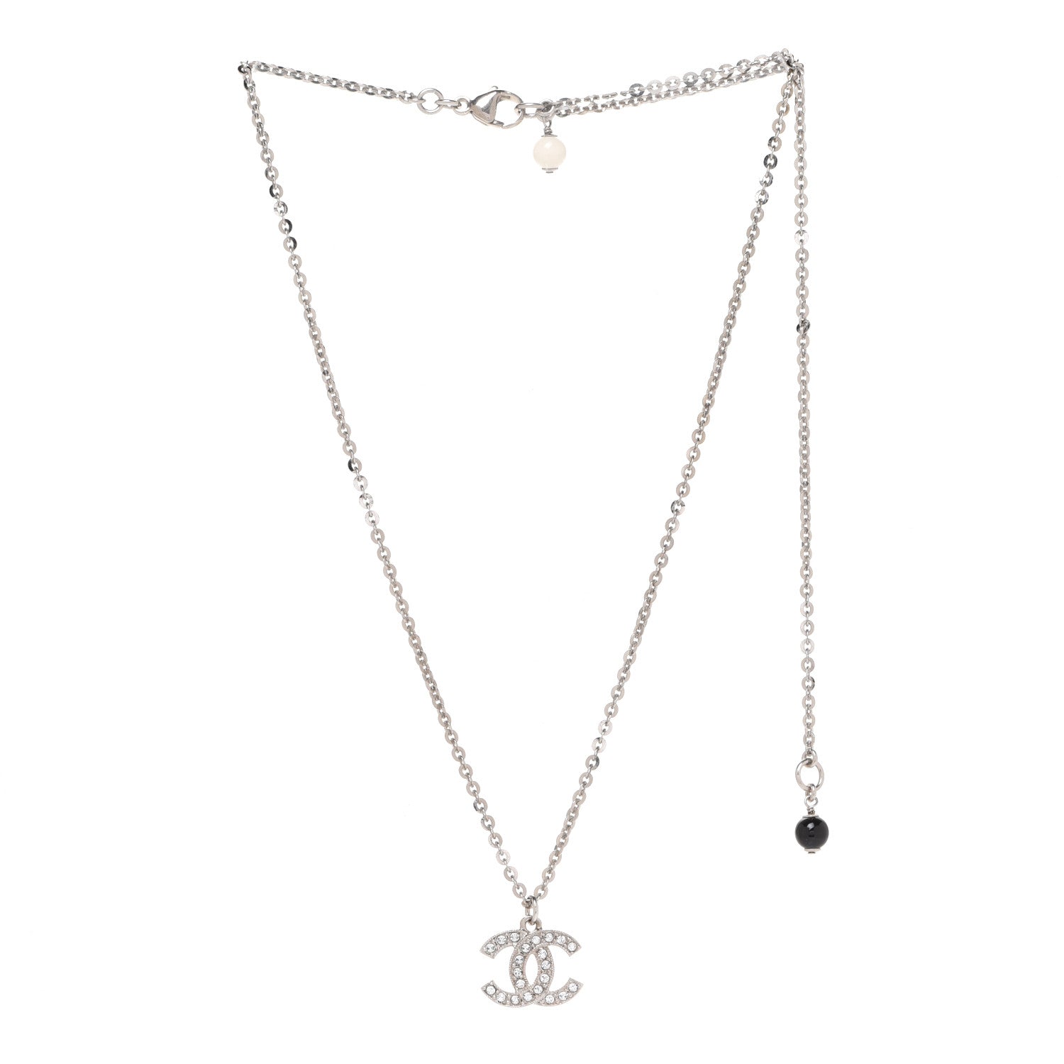 Chanel Crystal Pearl CC Pendant Necklace Silver Black 3 of 6
