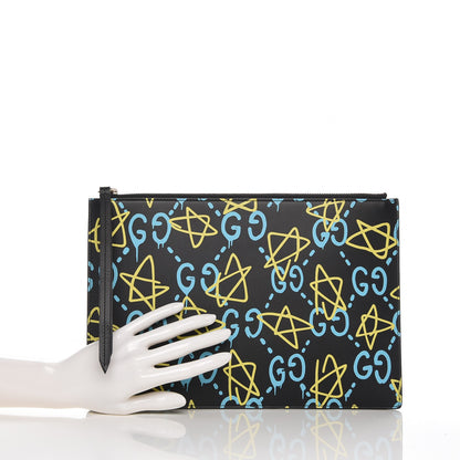Gucci Calfskin GucciGhost Print Pouch Black New Acquamarine 2 of 9
