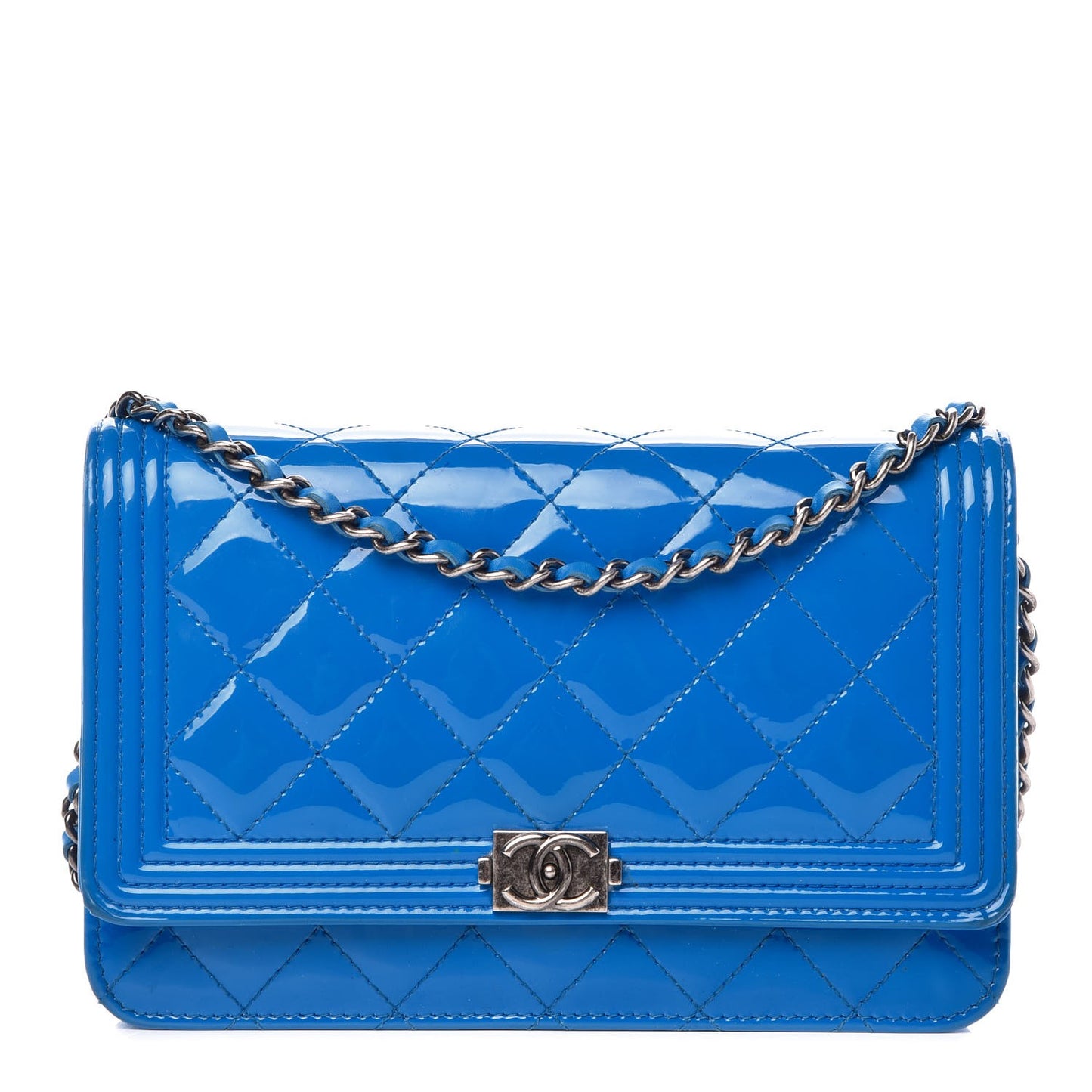 Patent Calfskin Quilted Boy Wallet On Chain WOC Blue