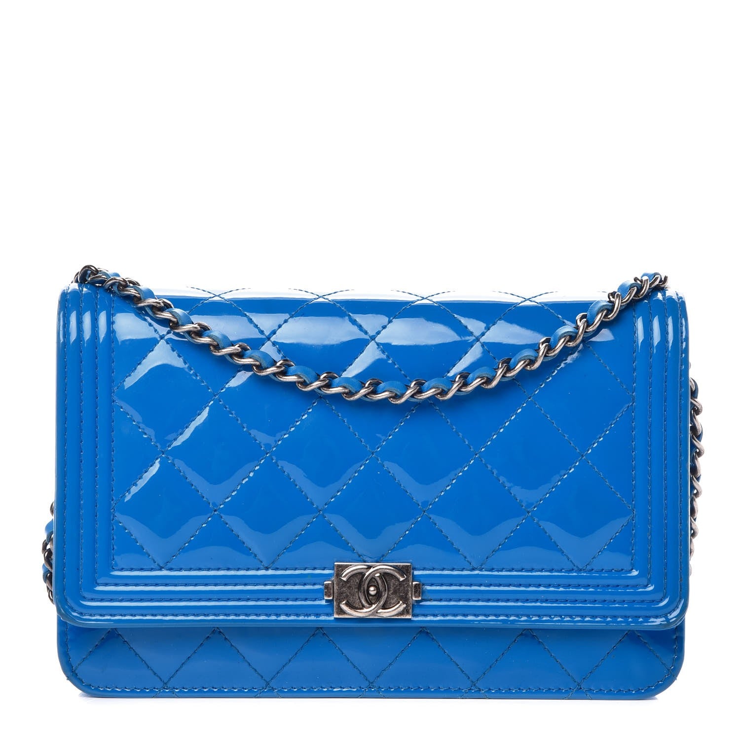 Chanel Patent Calfskin Quilted Boy Wallet On Chain WOC Blue 1 of 17