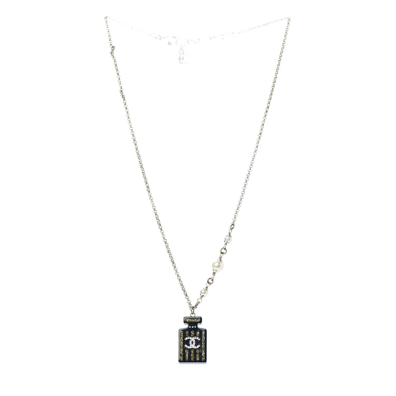 Chanel Resin Strass Perfume Bottle CC Necklace Black Gold 3 of 5