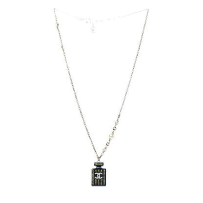 Chanel Resin Strass Perfume Bottle CC Necklace Black Gold 3 of 5