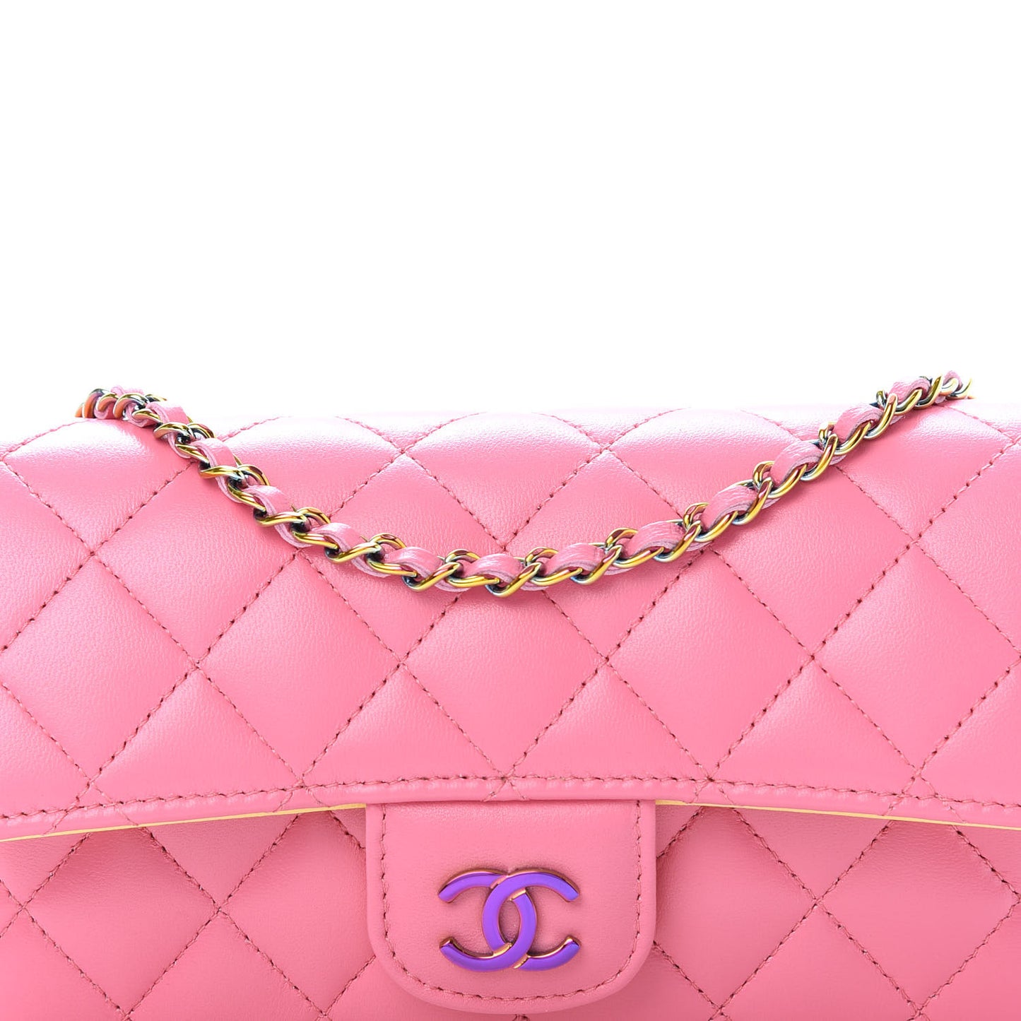 Lambskin Quilted Glasses Case With Chain Pink Yellow