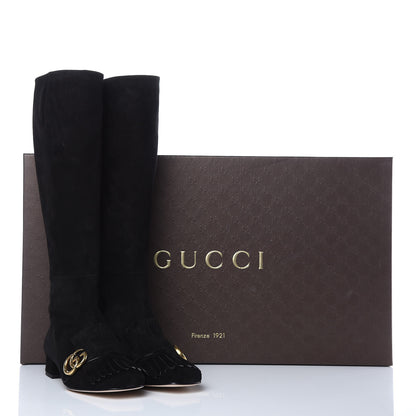 Gucci Kid Scamosciato GG Marmont Fringe Knee High Boots 37.5 Black 8 of 8