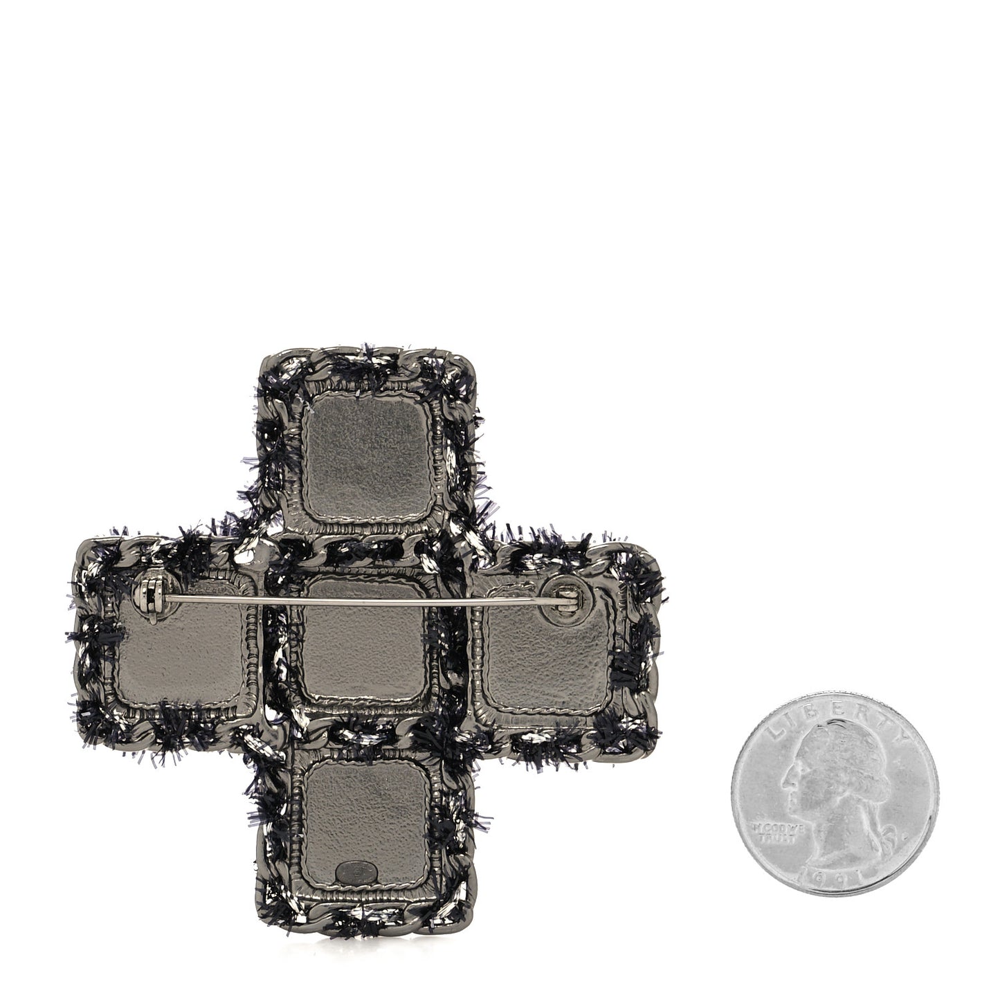 Gripoix Tweed Velour CC Cross Brooch Ruthenium Black