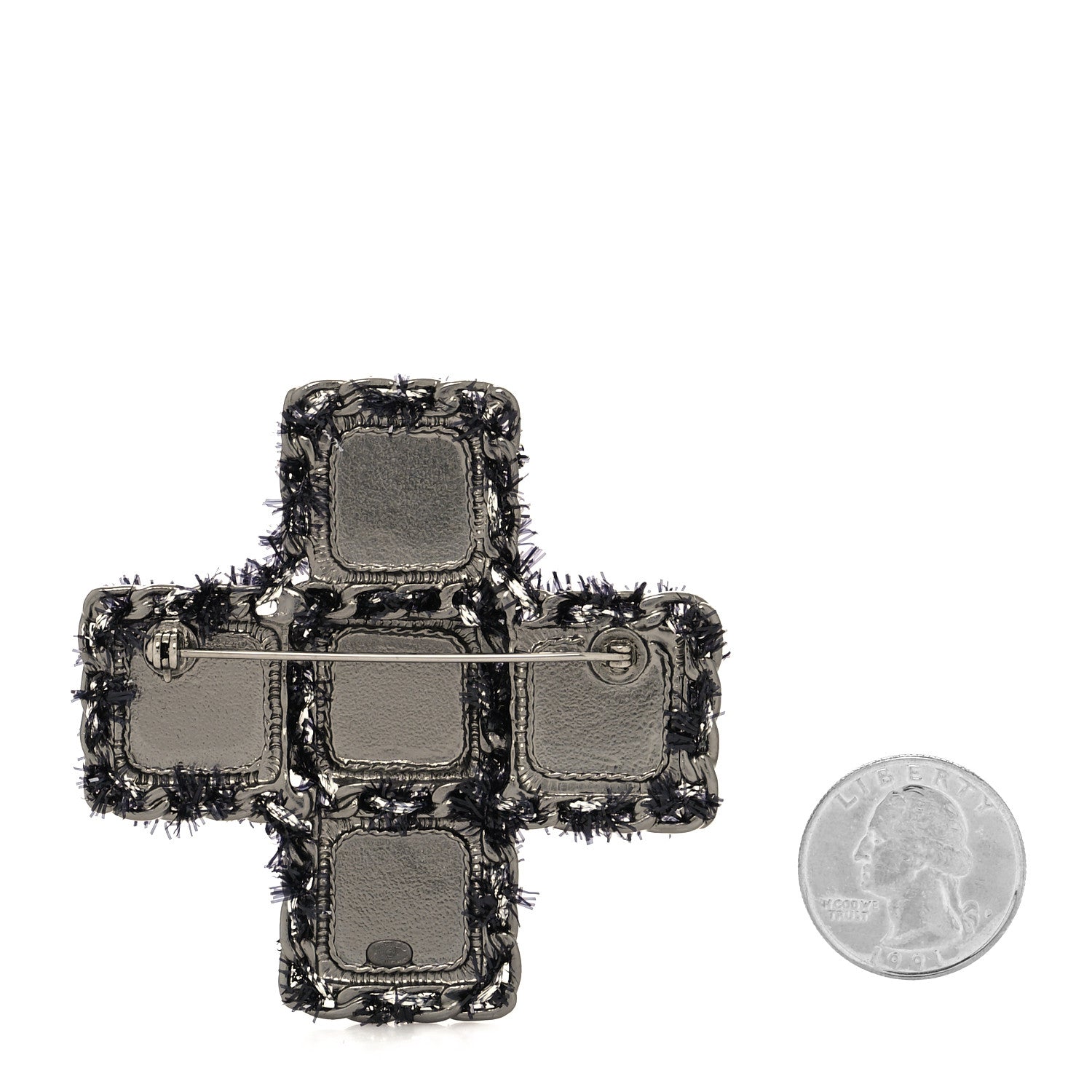 Chanel Gripoix Tweed Velour CC Cross Brooch Ruthenium Black 2 of 3