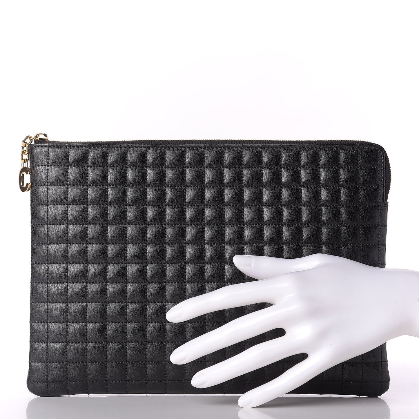 Calfskin Quilted C Charm Pouch Black