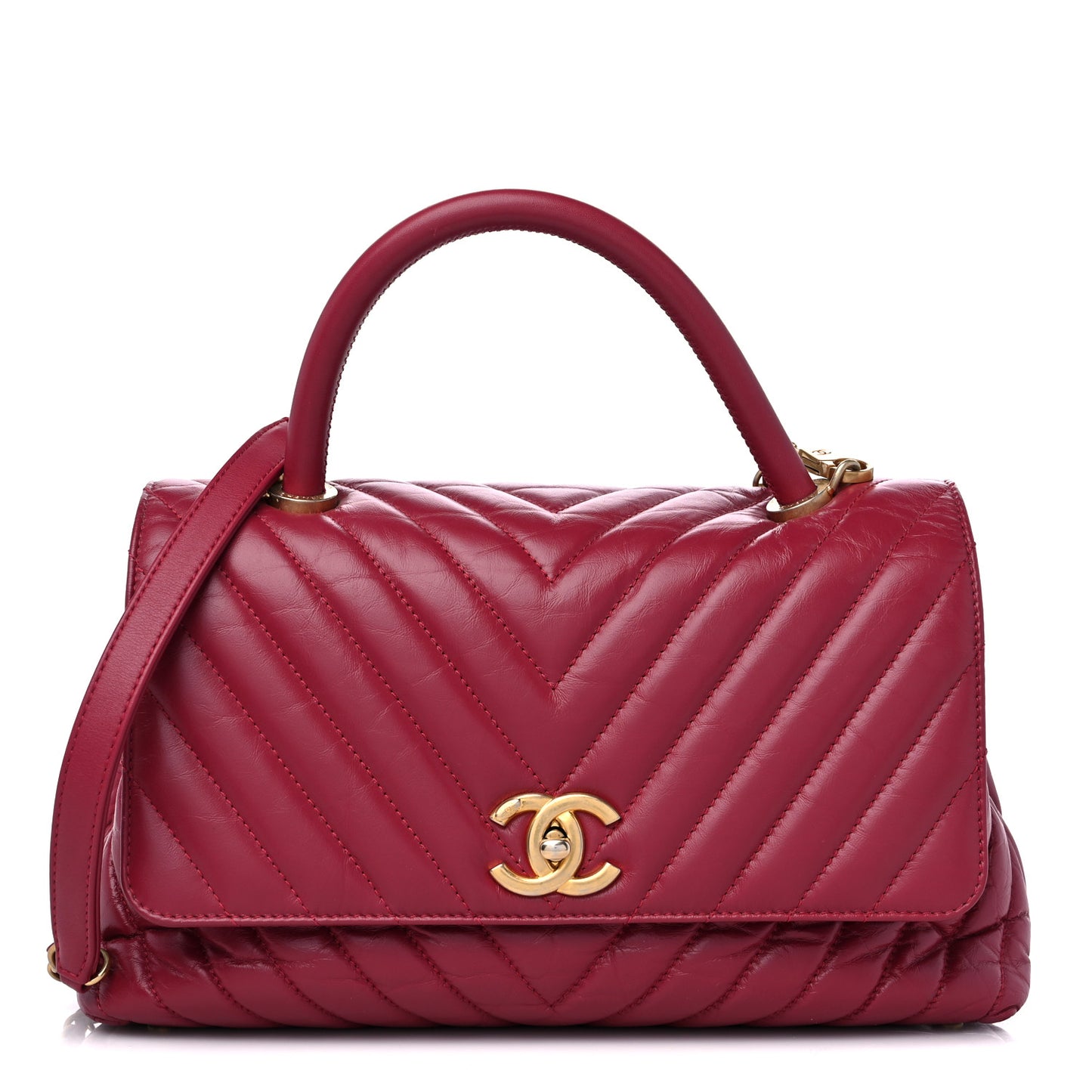 Calfskin Chevron Quilted Small Coco Handle Flap Dark Fuchsia