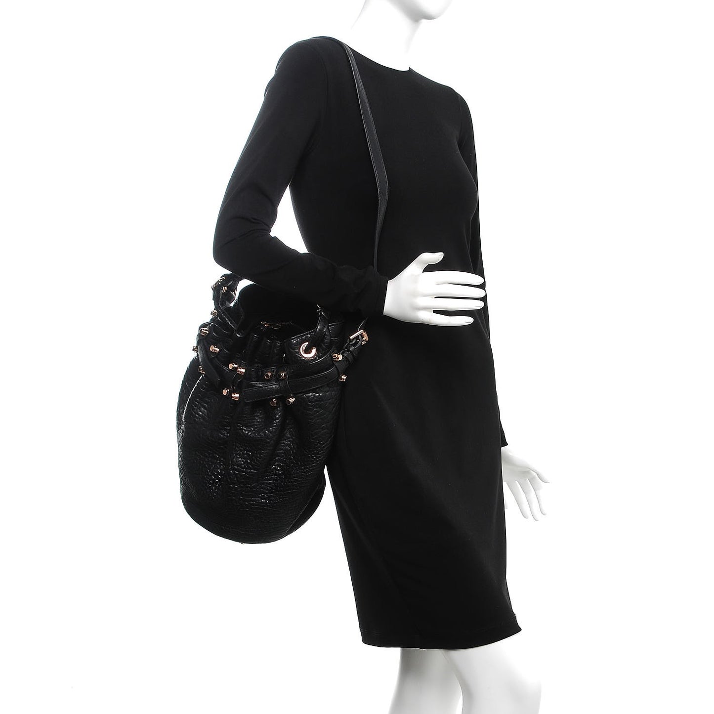 Pebbled Lambskin Diego Bucket Drawstring Bag Black Rose Gold Hardware