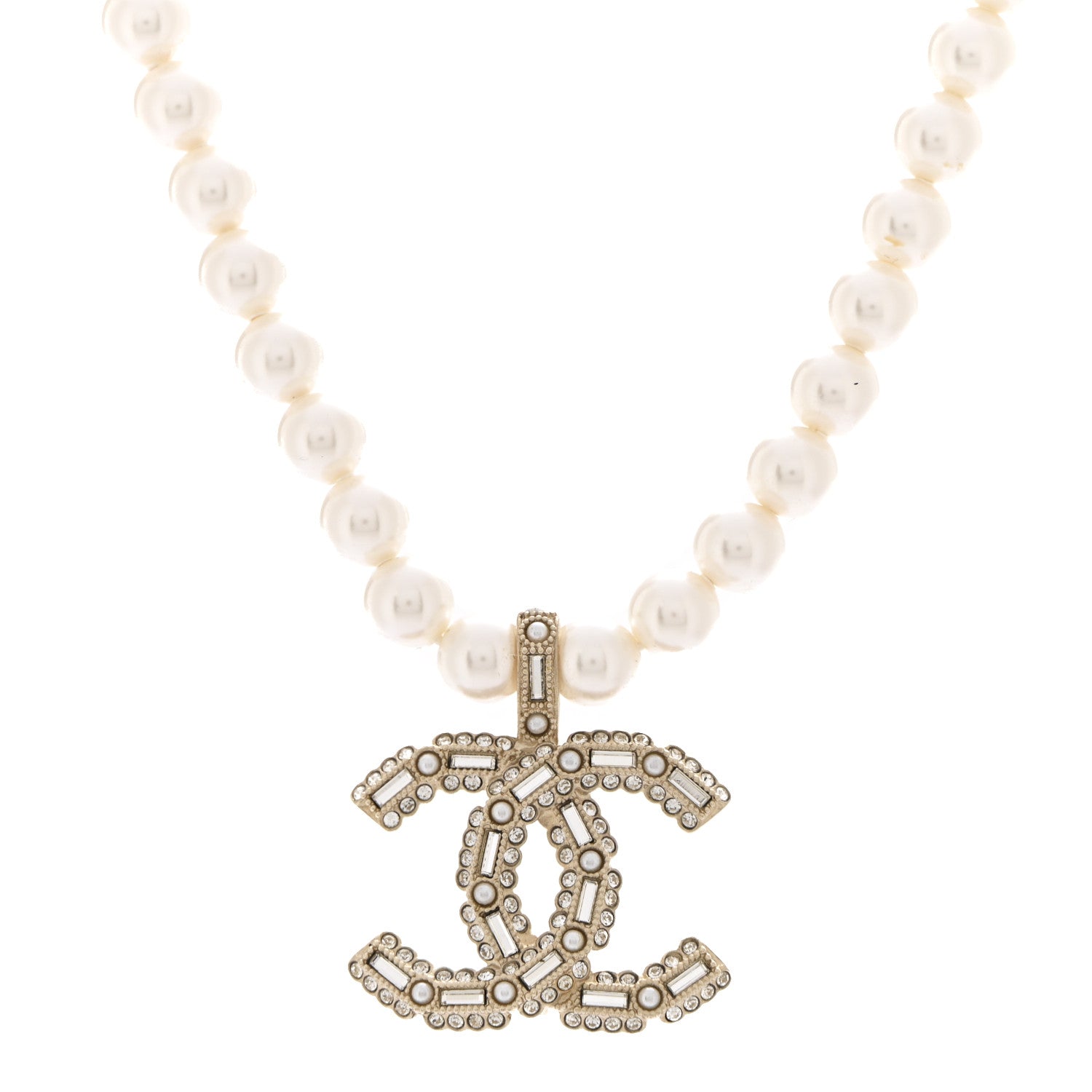 Chanel Pearl Crystal Baguette CC Short Necklace Gold 1763634