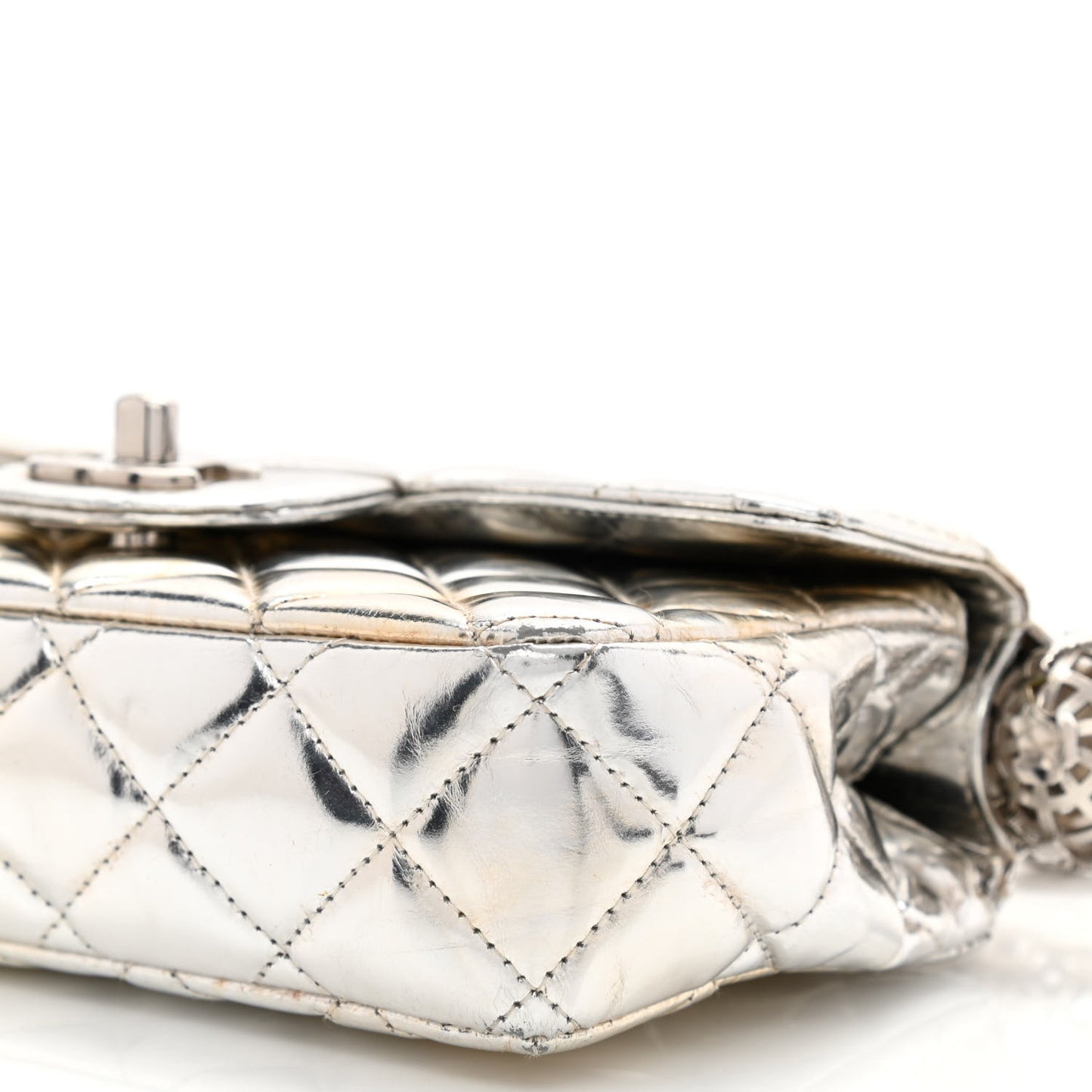 Metallic Lambskin Quilted Mini Around the World Flap Silver