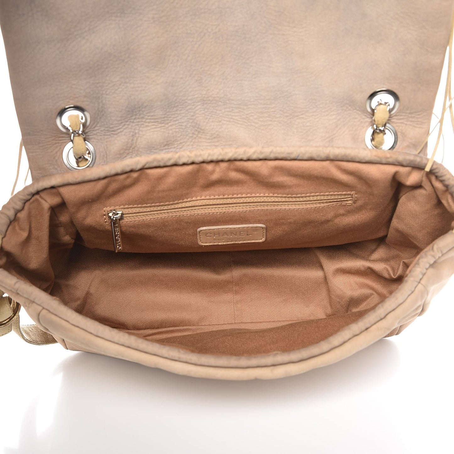 Suede Calfskin Perforated Fringe Flap Beige