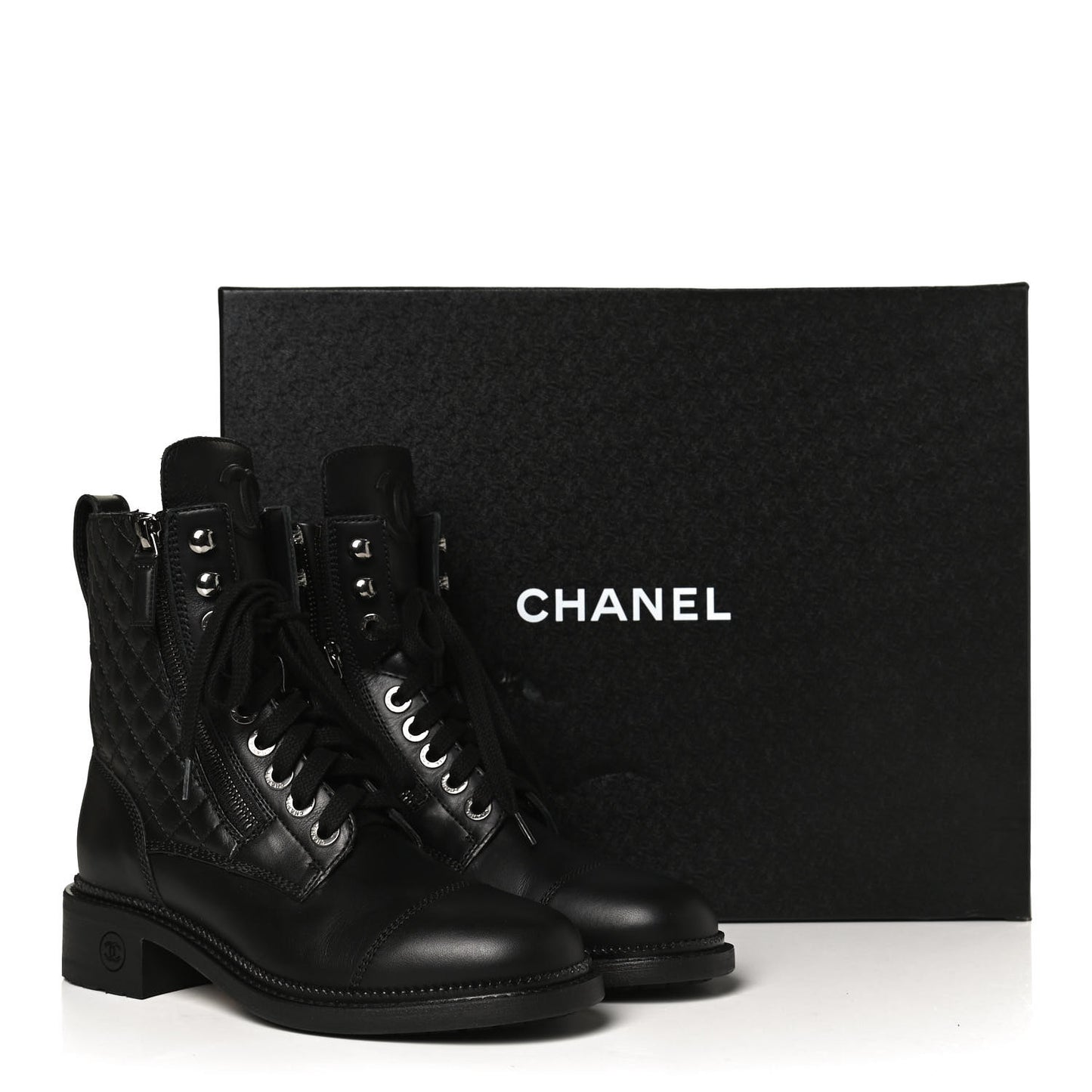 Calfskin Quilted Lace Up Combat Boots 36 Black