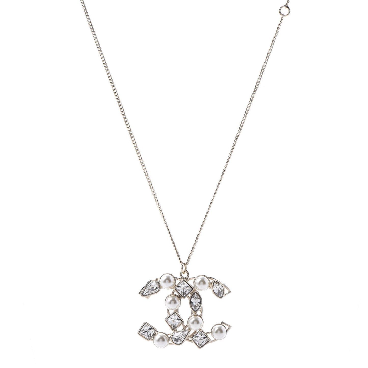 Pearl Crystal Baguette CC Pendant Necklace Gold