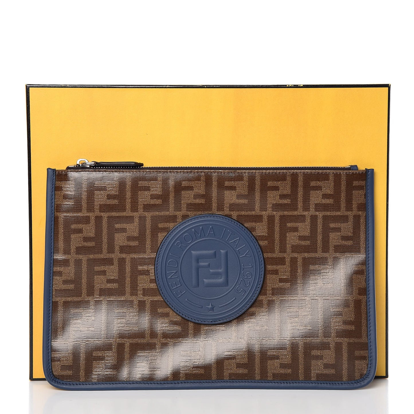 Glazed Fabric Vitello Century FF 1974 Stamp Patch Flat Pouch Mogano Panna Iris