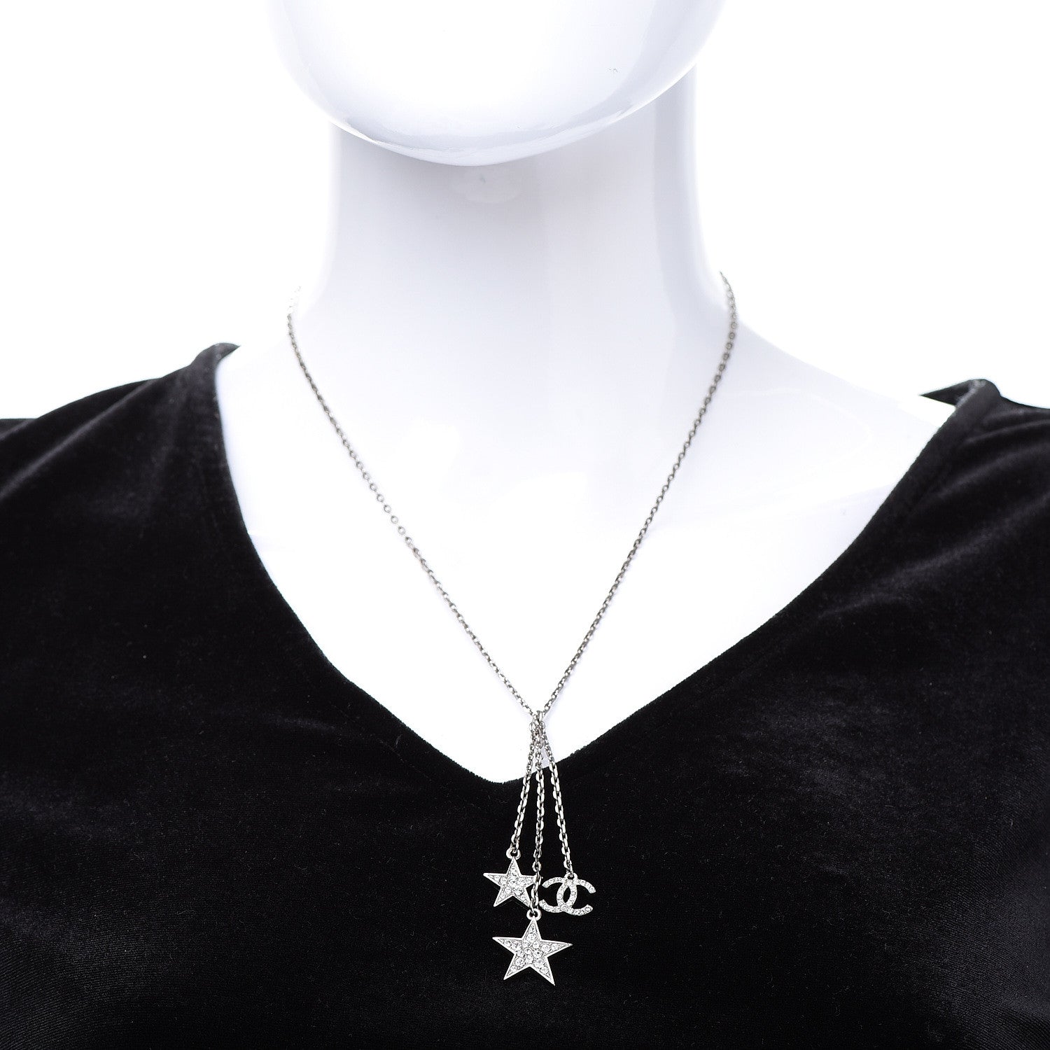 Chanel Crystal Glitter Enamel CC Star Drop Necklace Silver 2 of 7
