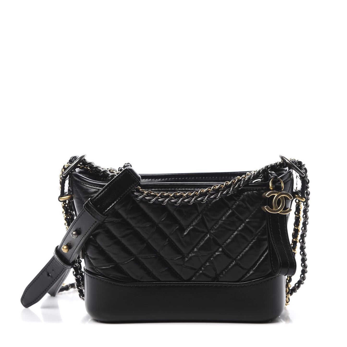 Aged Calfskin Chevron Quilted Small Gabrielle Hobo Black