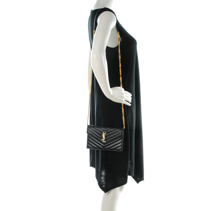 Saint Laurent Grain De Poudre Matelasse Chevron Monogram Envelope Chain Wallet Black 2 of 8