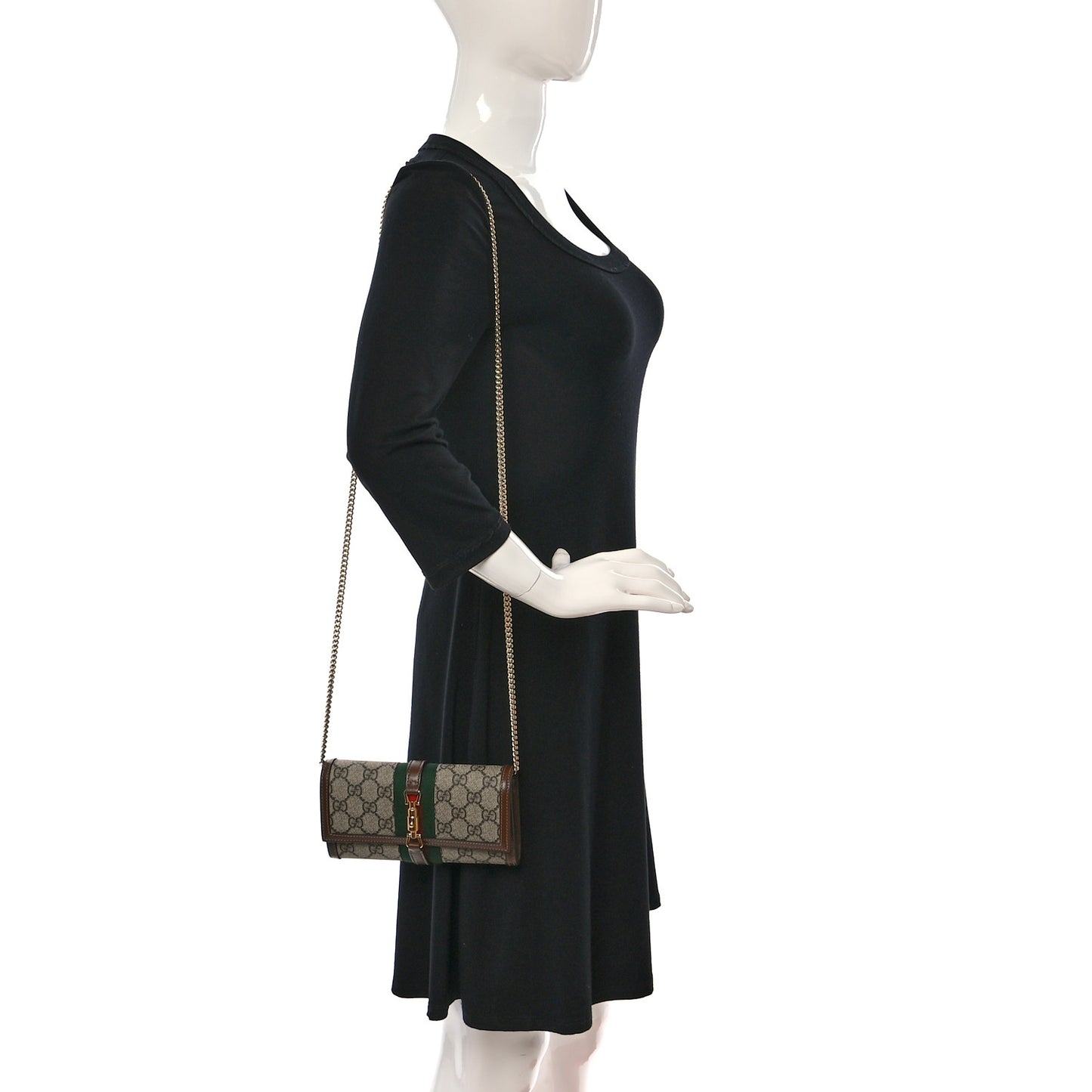 GG Supreme Monogram Azalea Calfskin Web Jackie 1961 Chain Wallet Beige Ebony Brown Sugar