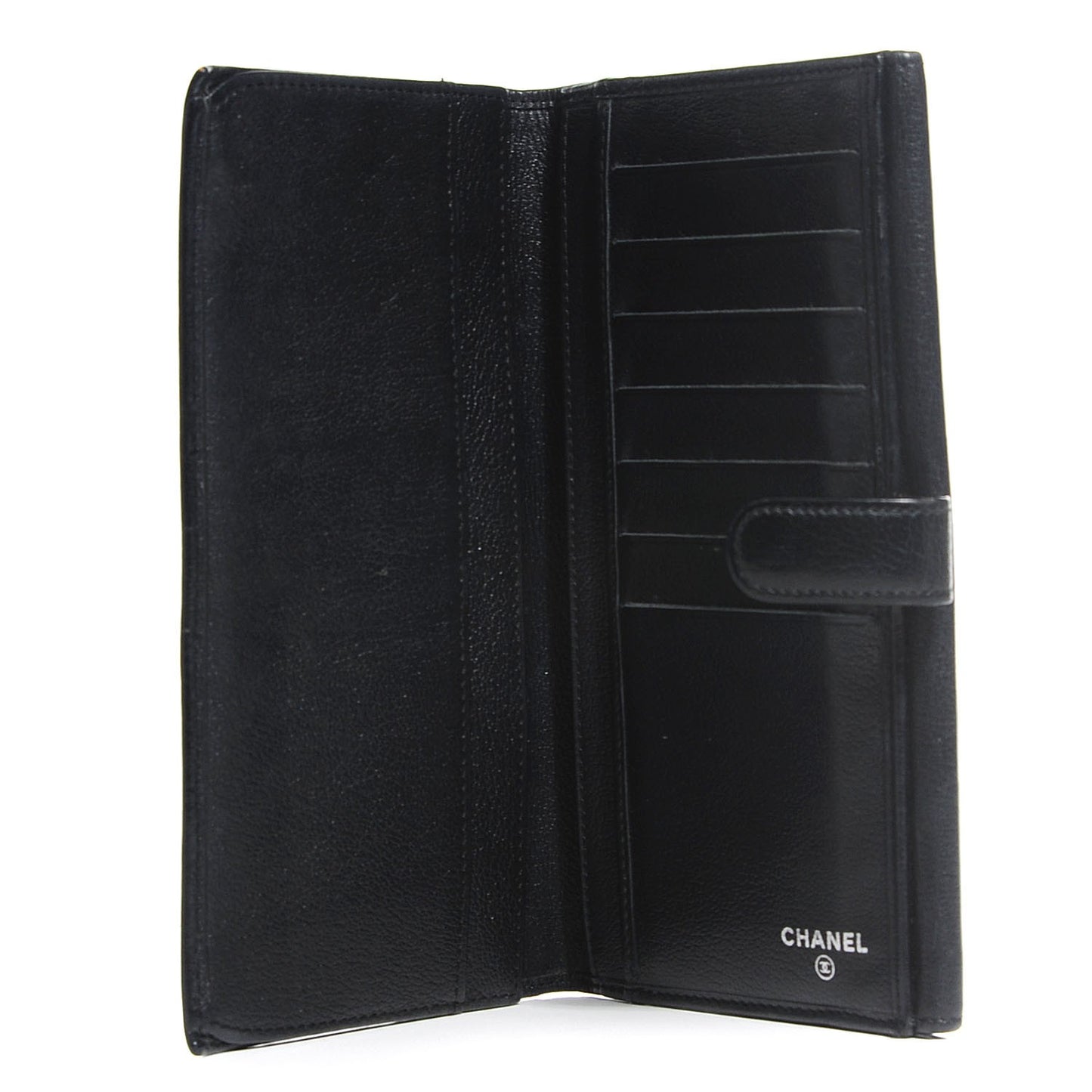 Goatskin Camellia Embossed Flap Wallet Black