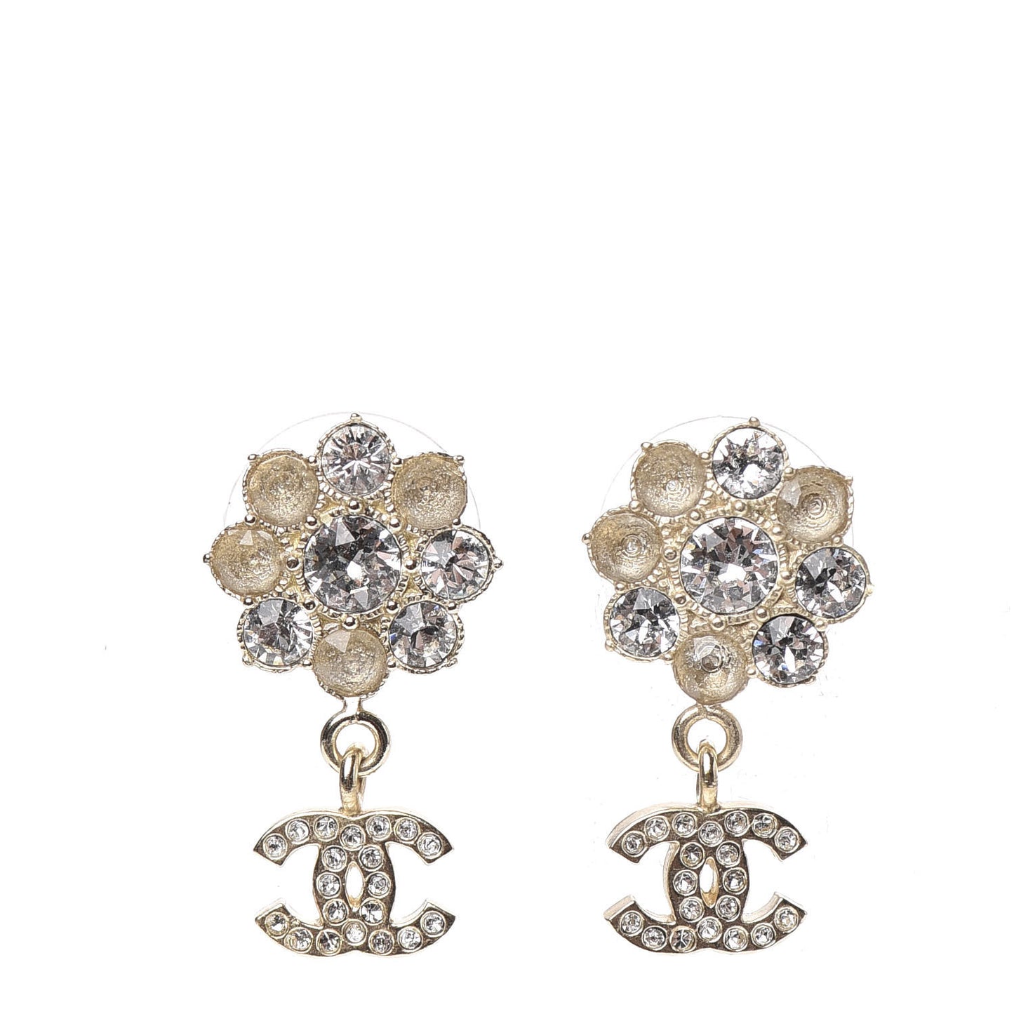 Crystal CC Flower Dangle Earrings Gold Beige