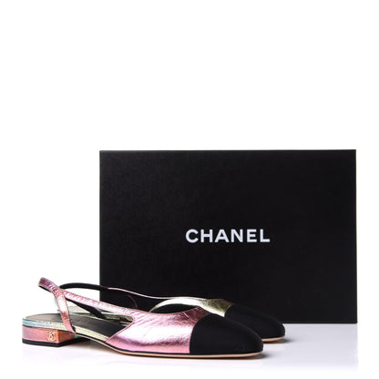 Chanel Laminated Calfskin Grosgrain Cap Toe CC Slingback Flats 39 Multicolor Black 9 of 9