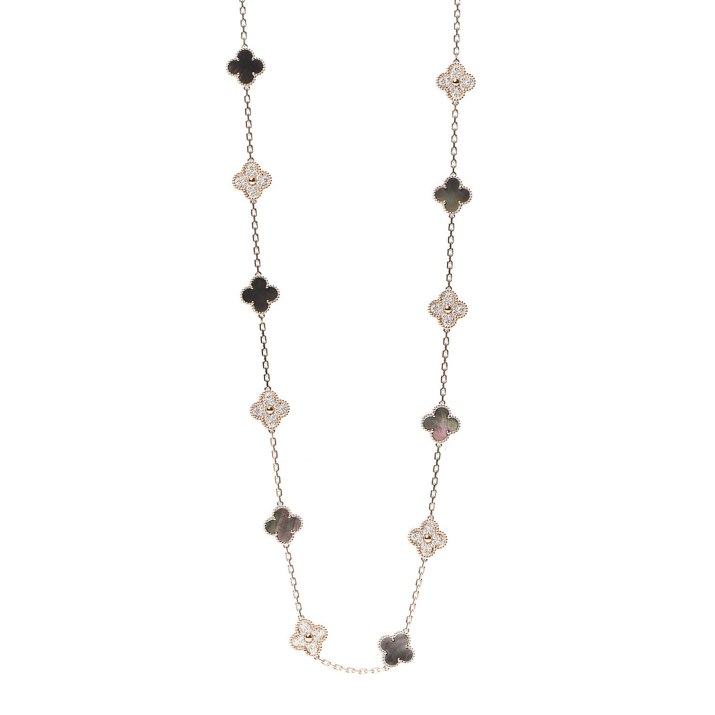 18K Rose Gold Diamond Gray Mother of Pearl 20 Motifs Vintage Alhambra Necklace