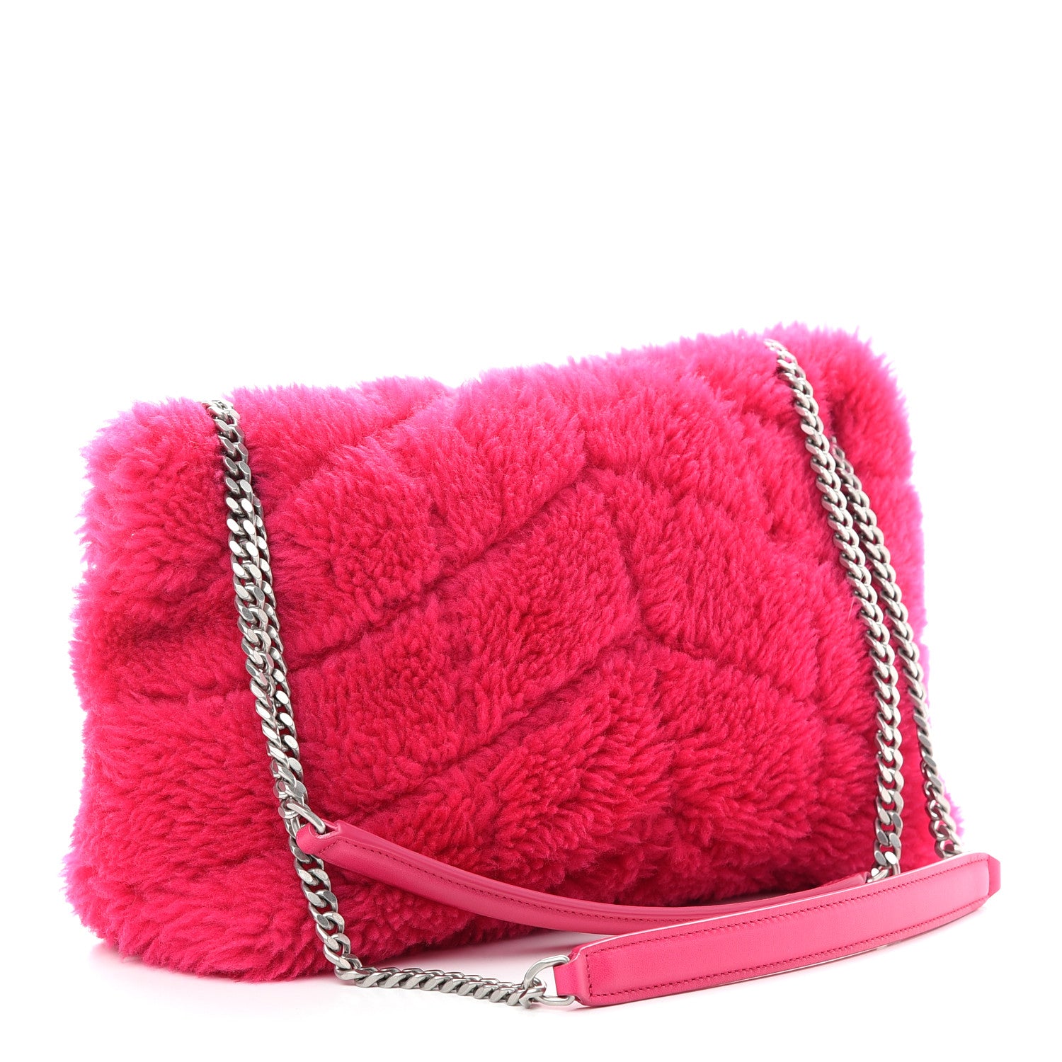 Saint Laurent Merino Shearling Lambskin Quilted Small Loulou Puffer Monogram Chain Satchel Fuchsia 3 of 9