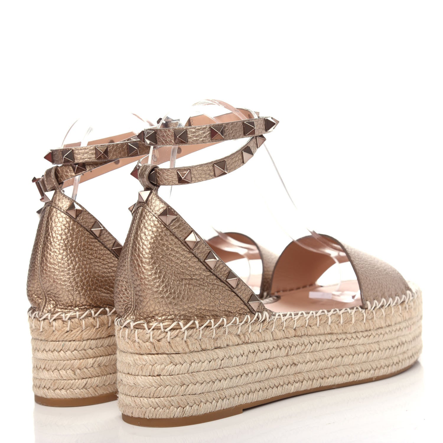 Valentino Garavani Metallic Grained Calfskin Rockstud Ankle Wrap Espadrille Flatform Sandals 41 Skin Natural 4 of 11