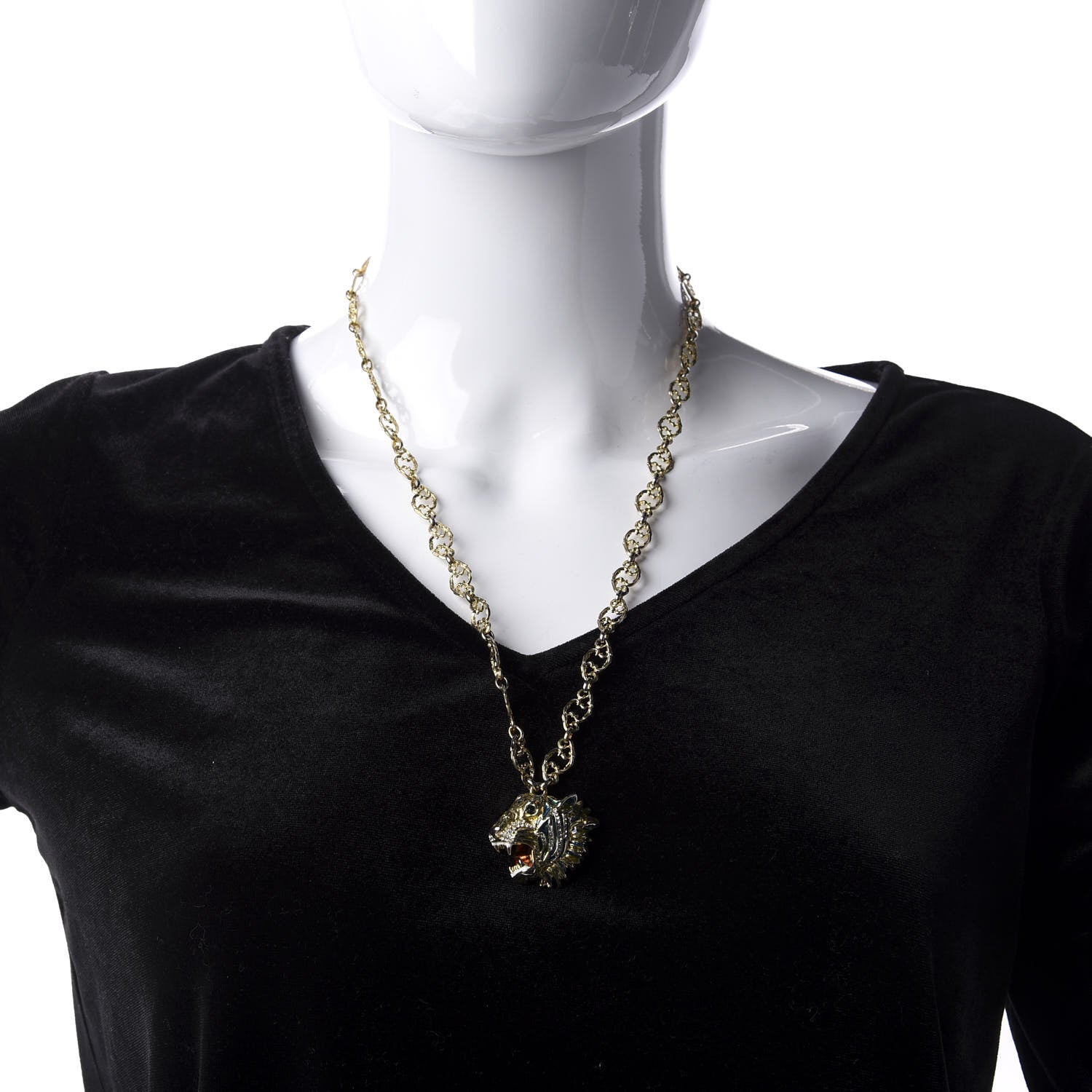 Gucci Metal Enamel Roaring Tiger Pendant Necklace Gold 2 of 6