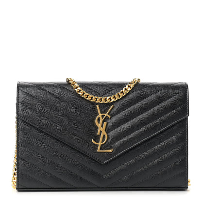 Saint Laurent Grain De Poudre Matelasse Chevron Monogram Chain Wallet Black 1 of 8