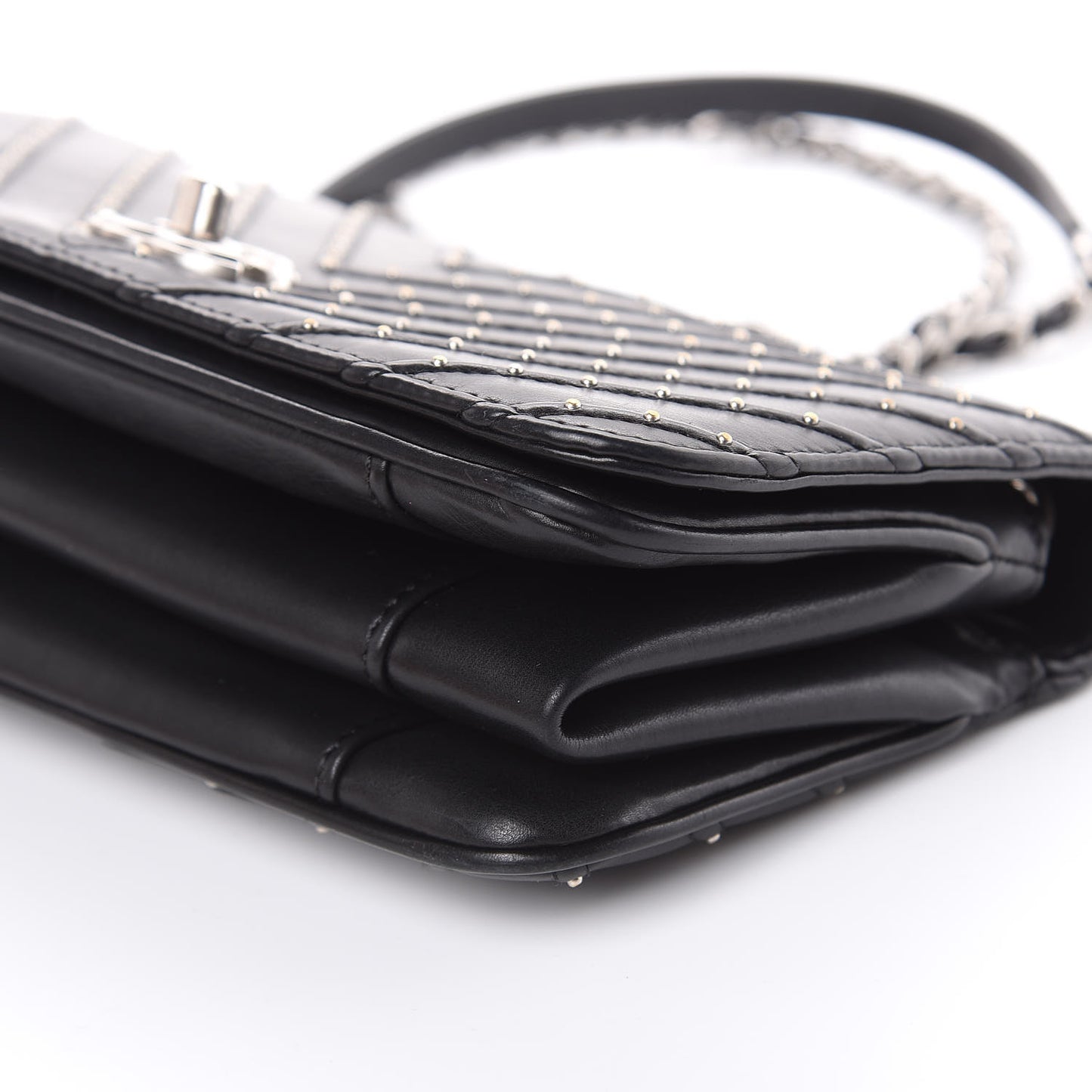Calfskin Studded Chevron Quilted Flap Black