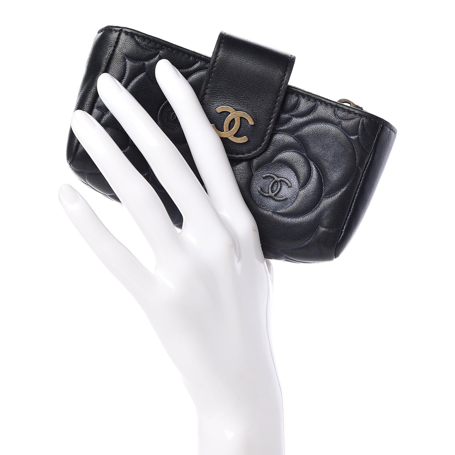 Lambskin Camellia Embossed Mini Phone Holder Clutch Dark Blue