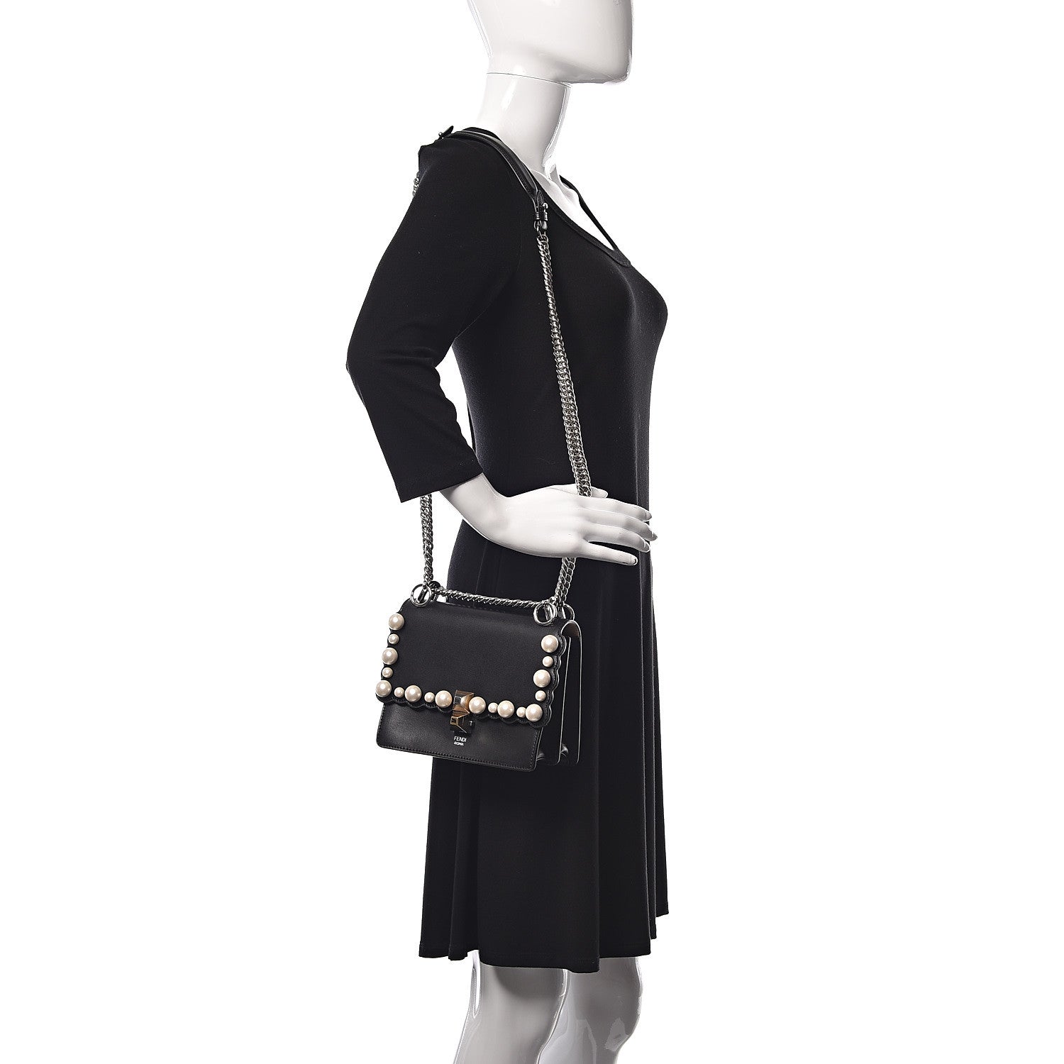 Fendi Vitello Liberty Pearl Scalloped Studded Small Kan I Shoulder Bag Black 2 of 12