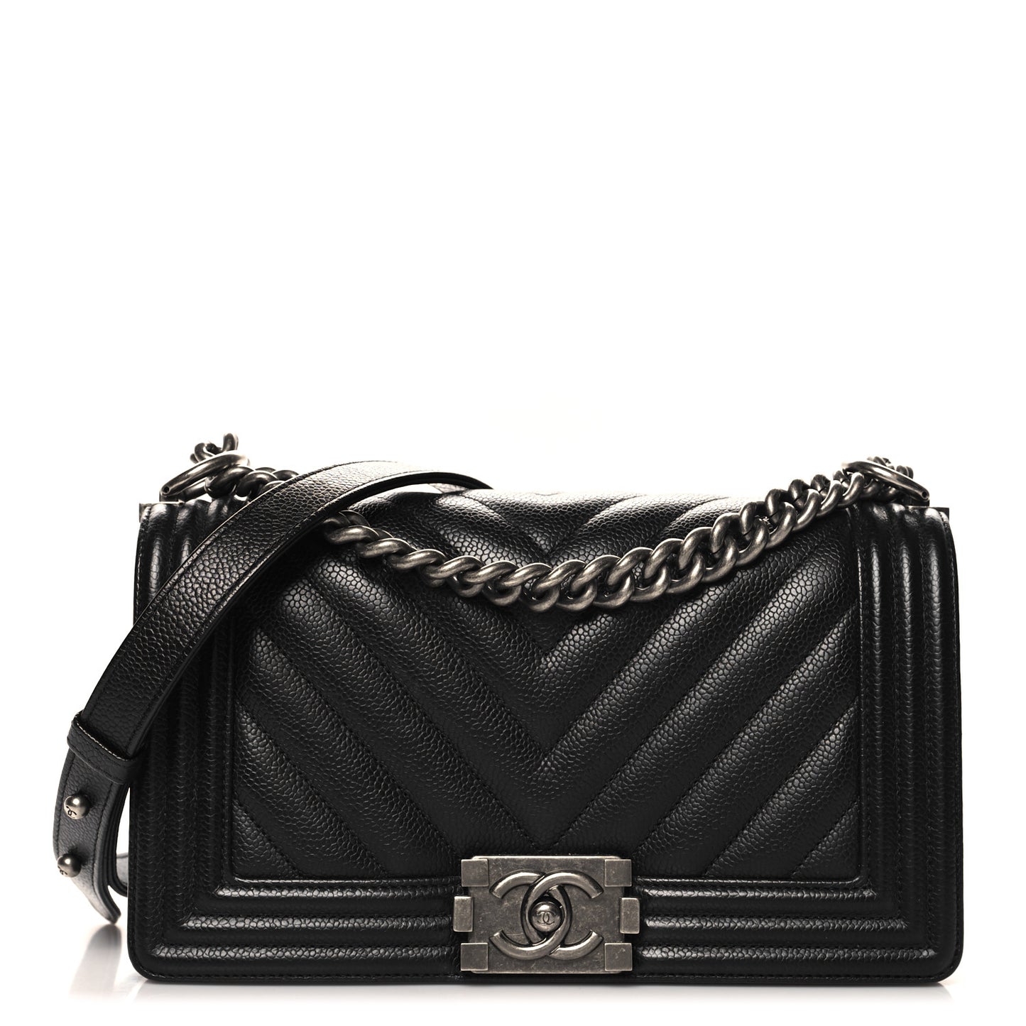 Caviar Chevron Quilted Medium Boy Flap Black