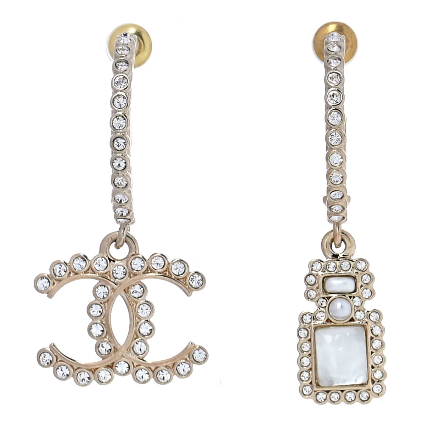 Crystal Pearl CC Perfume Bottle Drop Hoop Earrings Gold