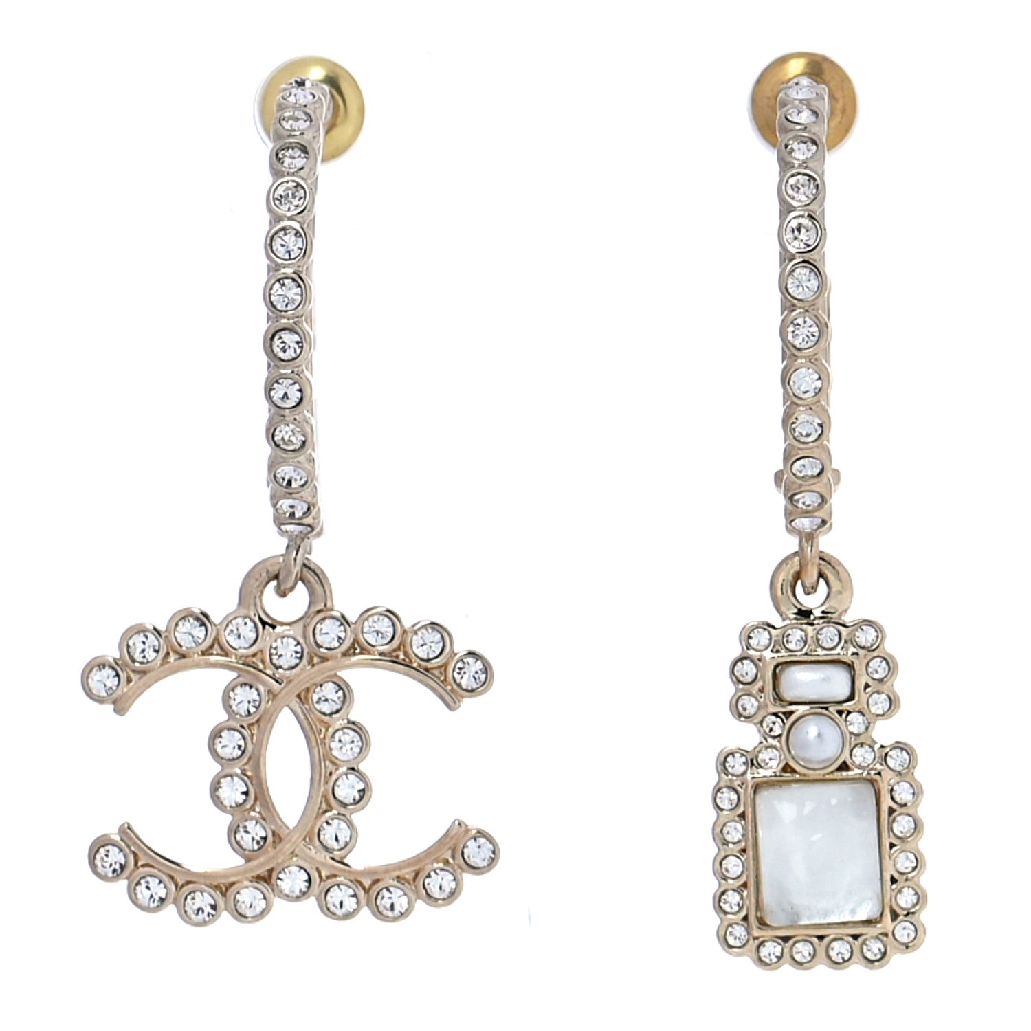 Chanel Crystal Pearl CC Perfume Bottle Drop Hoop Earrings Gold 1 of 6