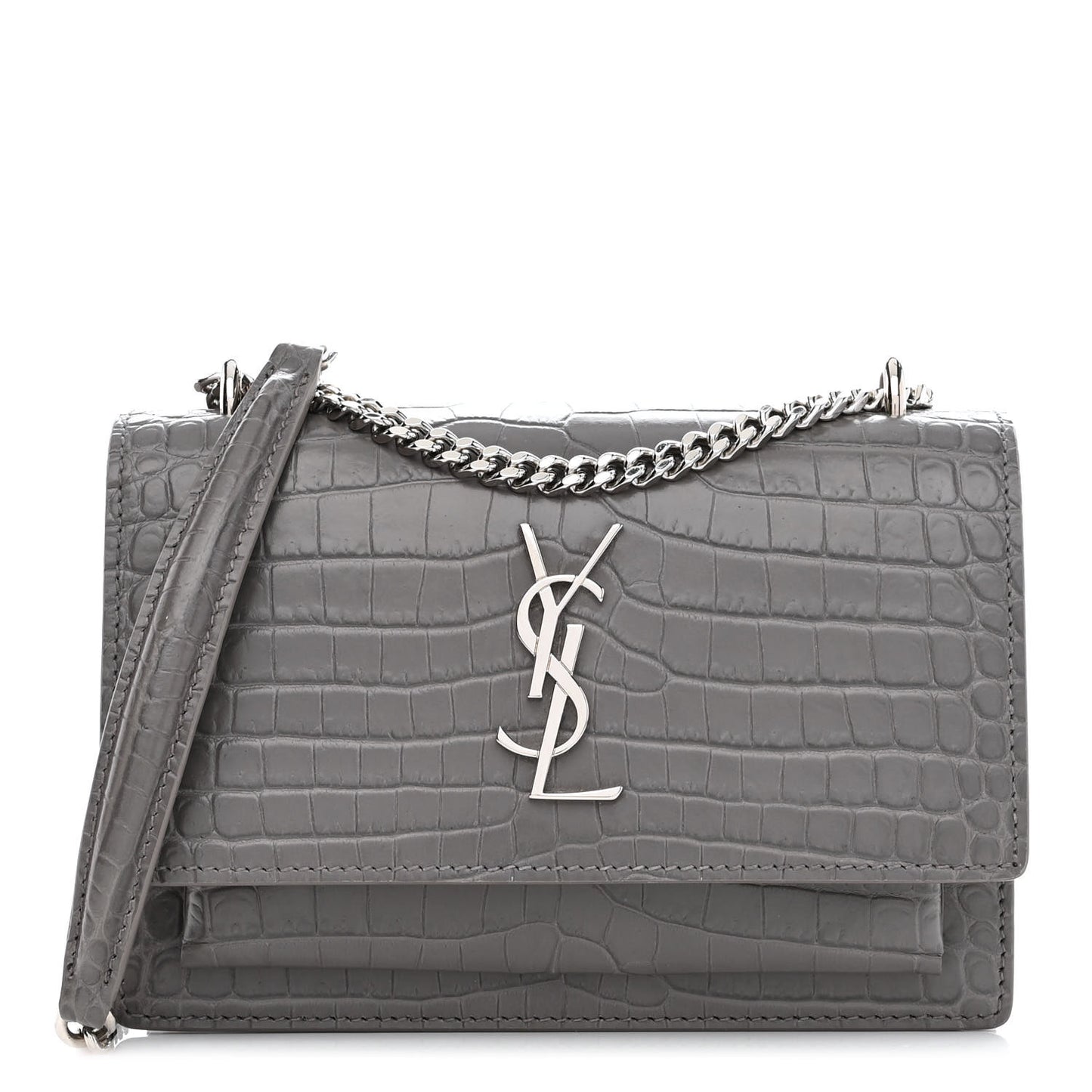 Calfskin Crocodile Embossed Monogram Sunset Chain Wallet Graphite