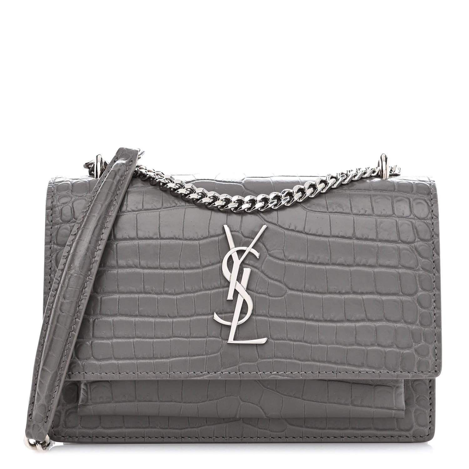 Saint Laurent Calfskin Crocodile Embossed Monogram Sunset Chain Wallet Graphite 1 of 11