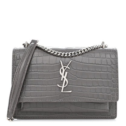Saint Laurent Calfskin Crocodile Embossed Monogram Sunset Chain Wallet Graphite 1 of 11