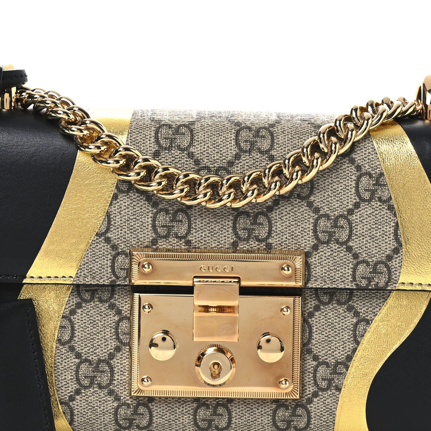 Calfskin GG Supreme Monogram Small Padlock Shoulder Bag Black Gold