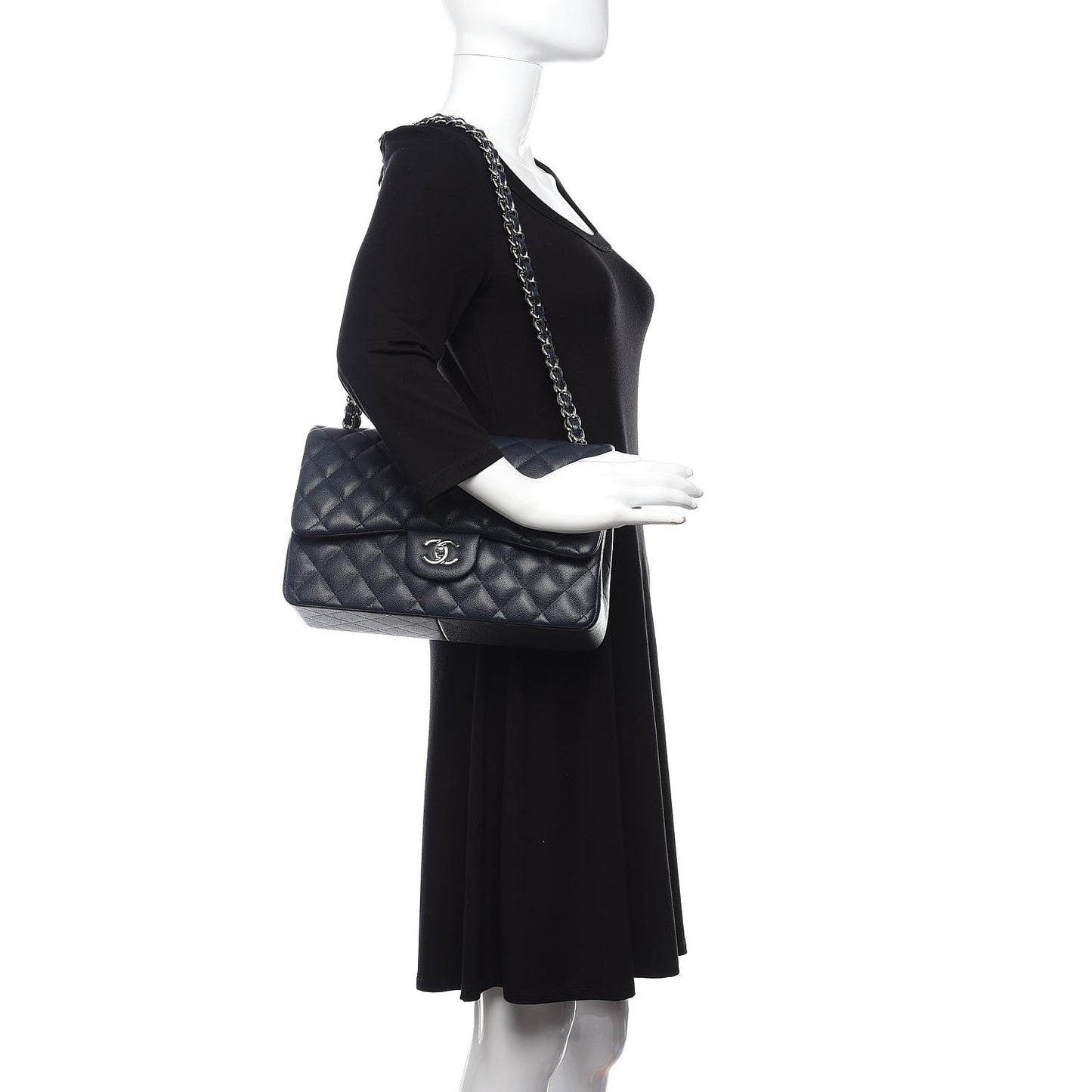 Caviar Quilted Jumbo Double Flap Navy Blue