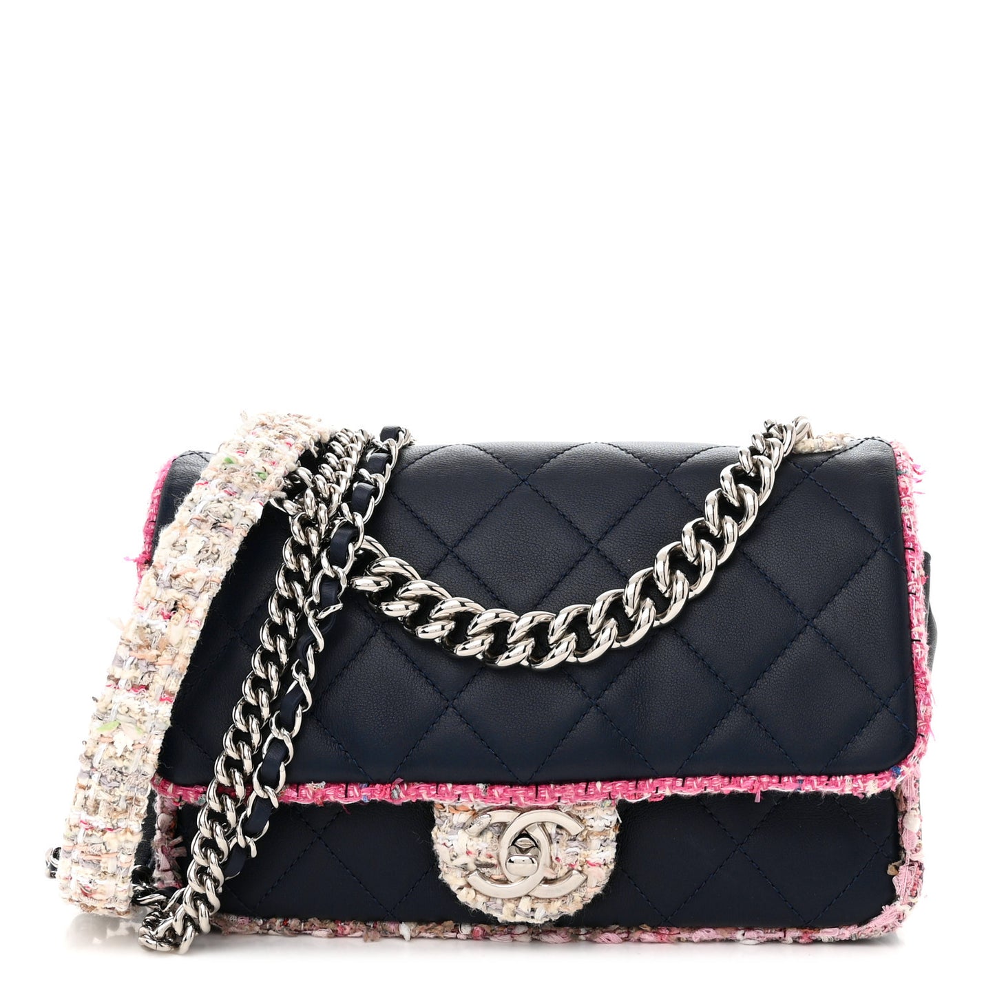 Lambskin Tweed Quilted Elegant Trim Flap Navy