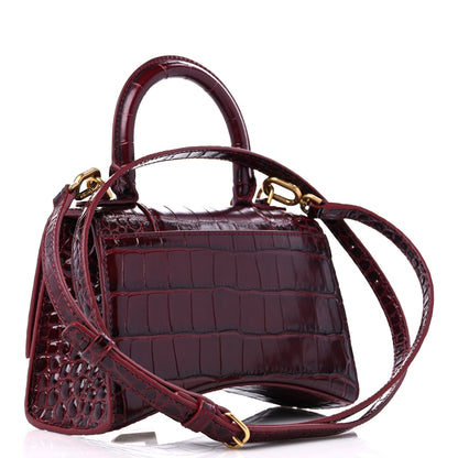 Balenciaga Shiny Calfskin Crocodile Embossed Hourglass Top Handle Bag XS Dark Red 2 of 8
