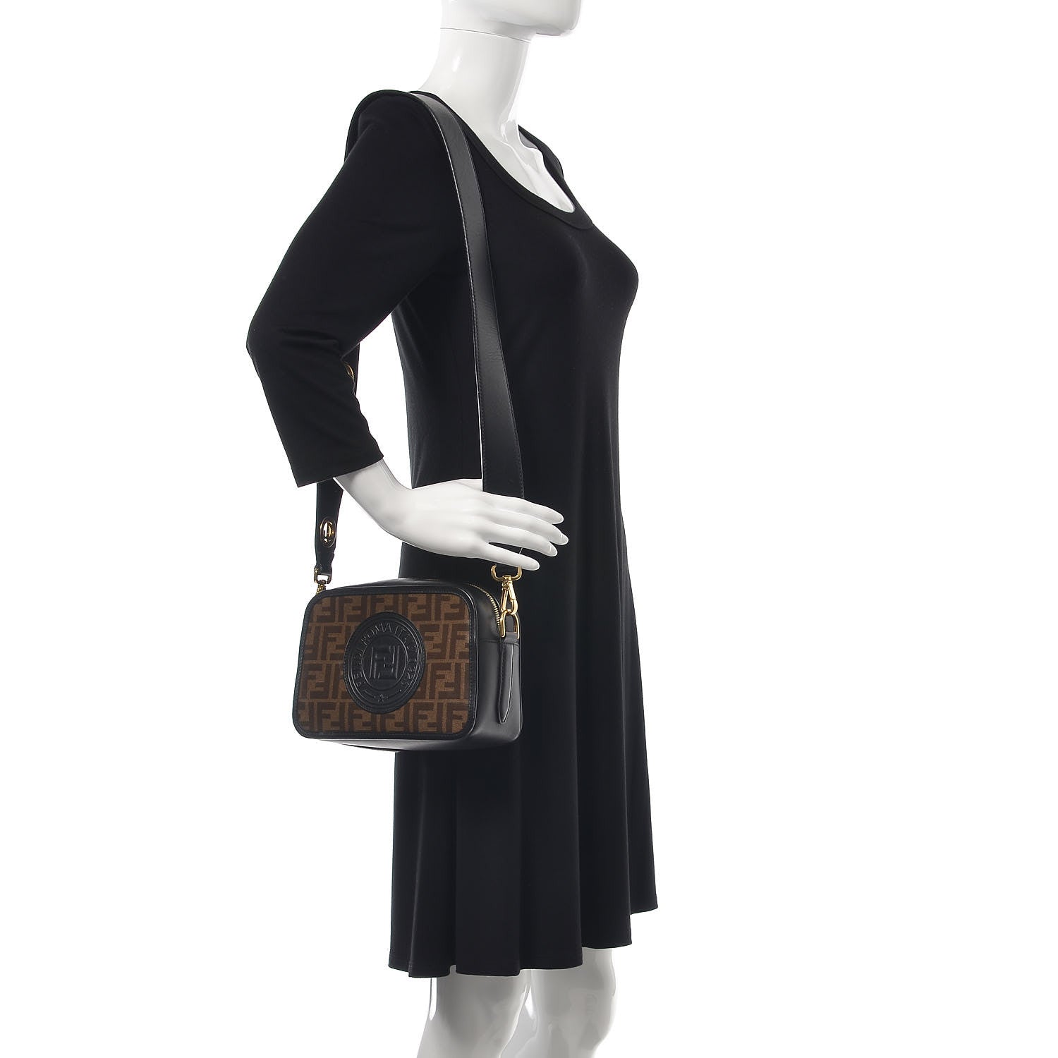 Fendi Glazed Fabric Vitello Century F is Fendi FF 1974 Stamp Patch Camera Case Mogano Panna Black 2 of 13