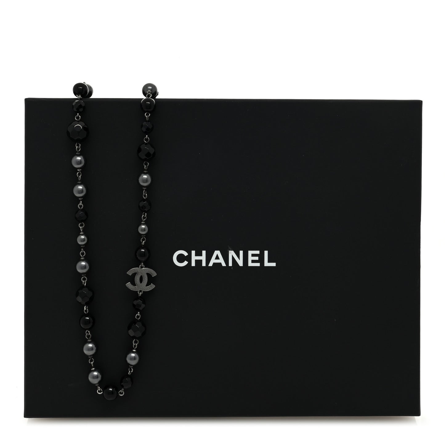 Ruthenium Pearl Beaded CC Long Necklace Black